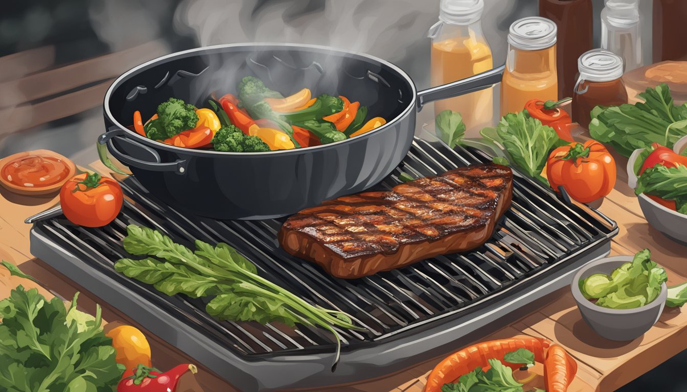 A grill with various vegetables and greens sizzling over the open flame, with a Texas BBQ sauce being drizzled over them