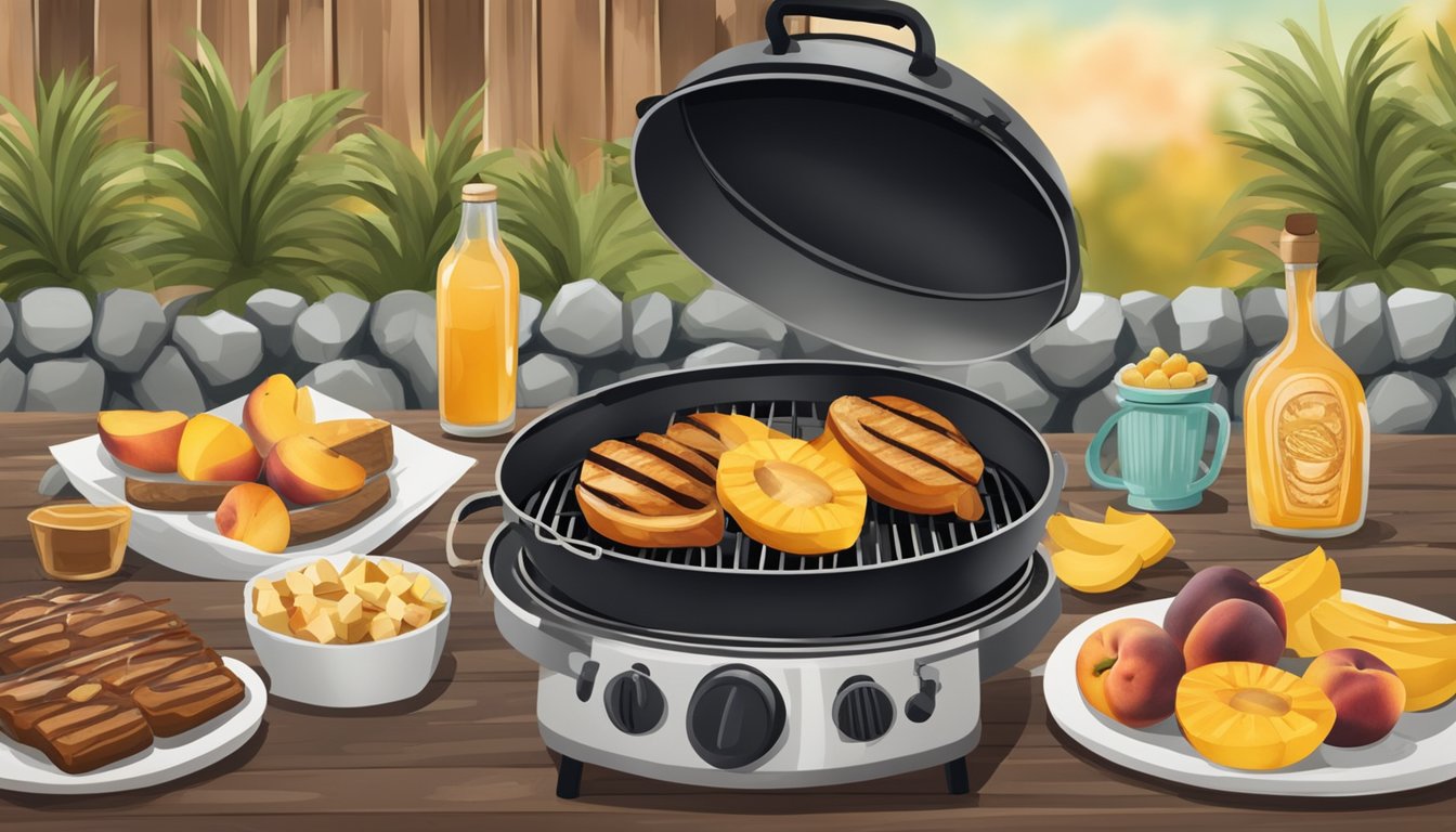 A rustic outdoor barbecue setting with a grill sizzling with various sweet treats like grilled peaches, pineapple, and bananas, surrounded by Texas-style BBQ decor and ambiance