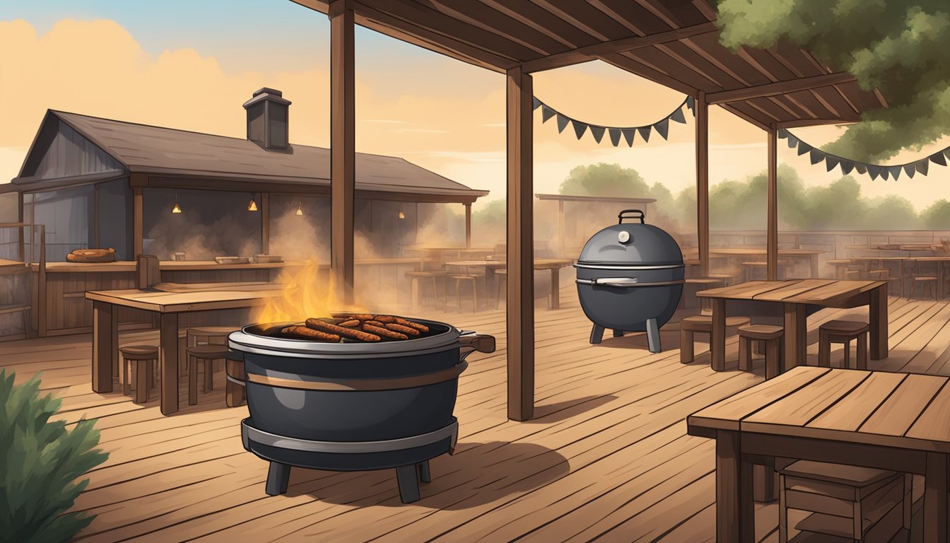 A rustic Texas BBQ pit with a smoky aroma, surrounded by wooden tables and chairs, where guests follow traditional BBQ etiquette