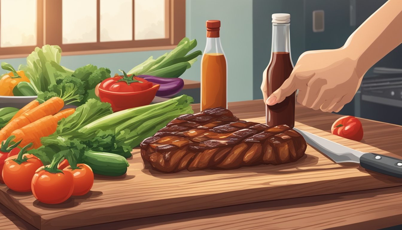 A hand reaching for fresh vegetables and a bottle of barbecue sauce on a wooden cutting board, with a grill in the background