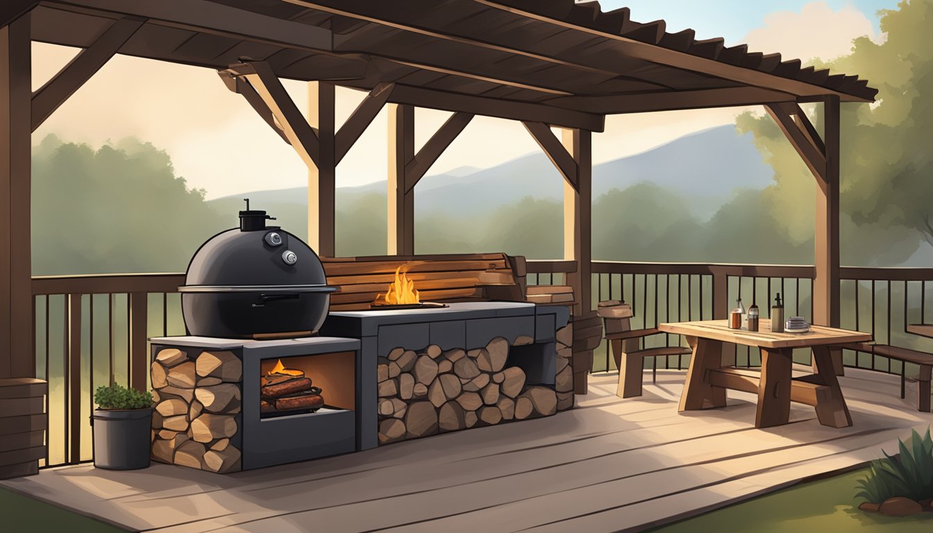 A smoky Texas BBQ pit with a large grill, wood stacked nearby, and a rustic outdoor seating area