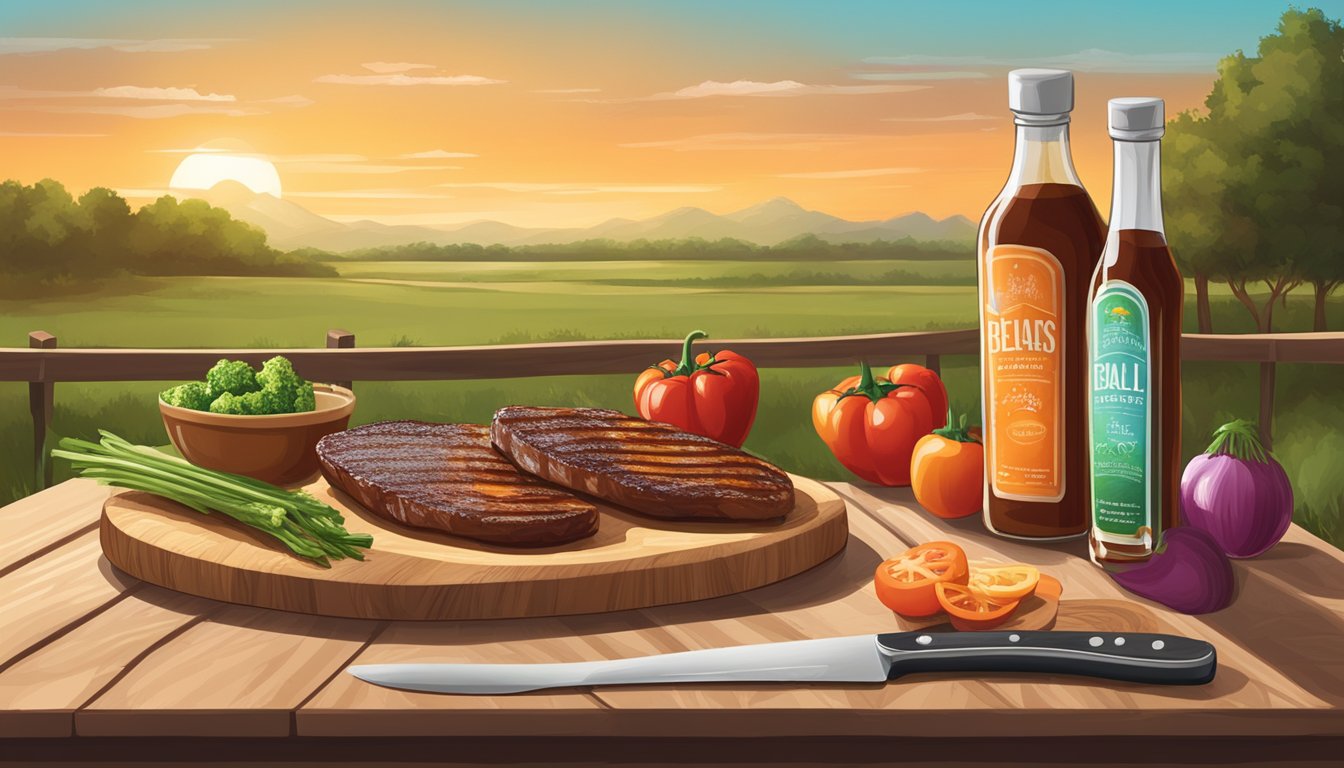 A wooden cutting board with fresh vegetables, a bottle of barbecue sauce, and a grill set against a backdrop of a Texas landscape