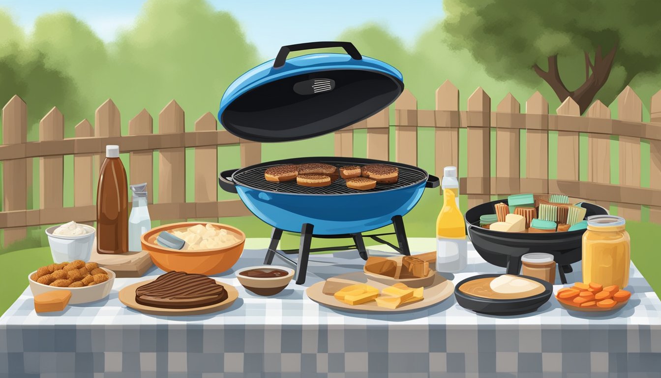 A backyard grill with various dessert ingredients and cleaning supplies set up for a Texas BBQ style grilled dessert demonstration