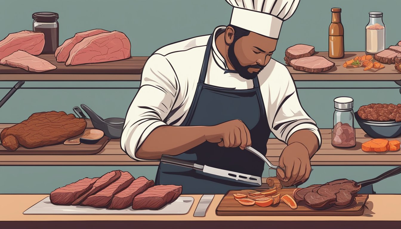 A chef seasoning and trimming various cuts of meat for a Texas BBQ, following the rules of pit etiquette