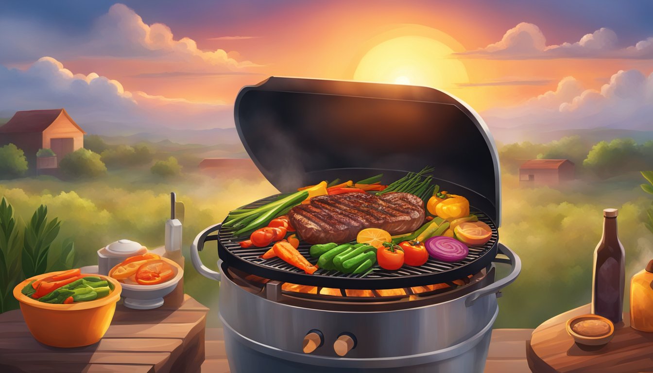 A sizzling grill loaded with colorful vegetables and juicy cuts of meat, surrounded by a cloud of aromatic smoke and the warm glow of the Texas sunset