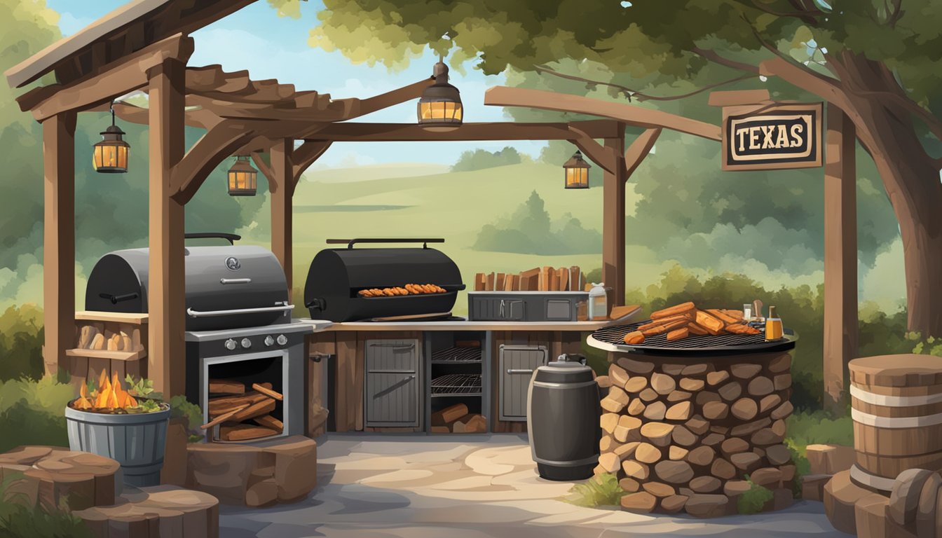 A rustic outdoor barbecue pit with a woodpile, smoker, and grill, surrounded by Texas-style decor and signage