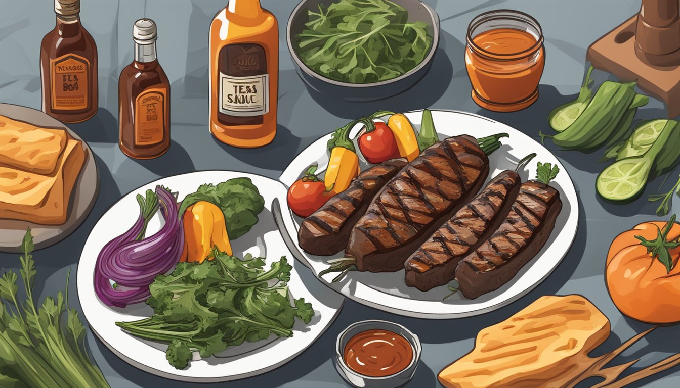 A grill with assorted vegetables and greens cooking over open flame, with a bottle of Texas BBQ sauce nearby