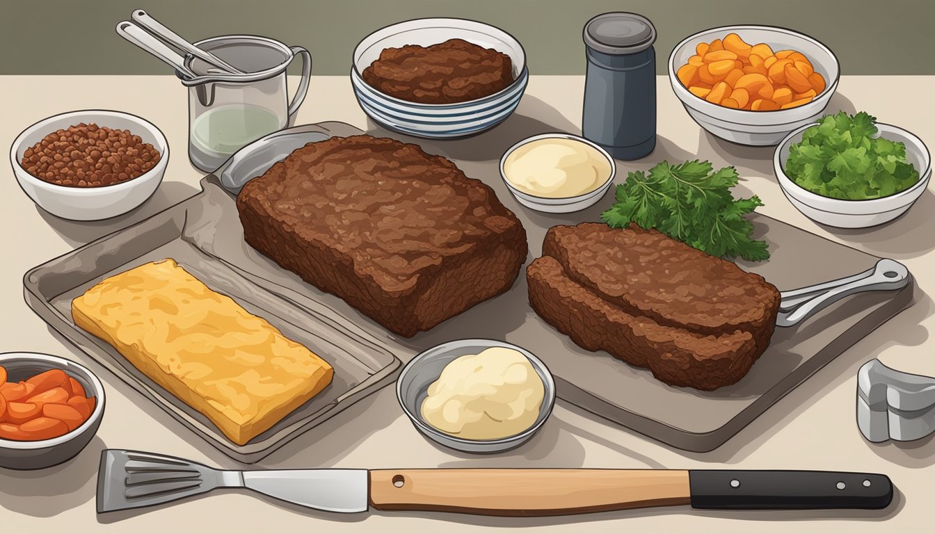 A kitchen counter with ingredients and utensils for making Texas BBQ style meatloaf