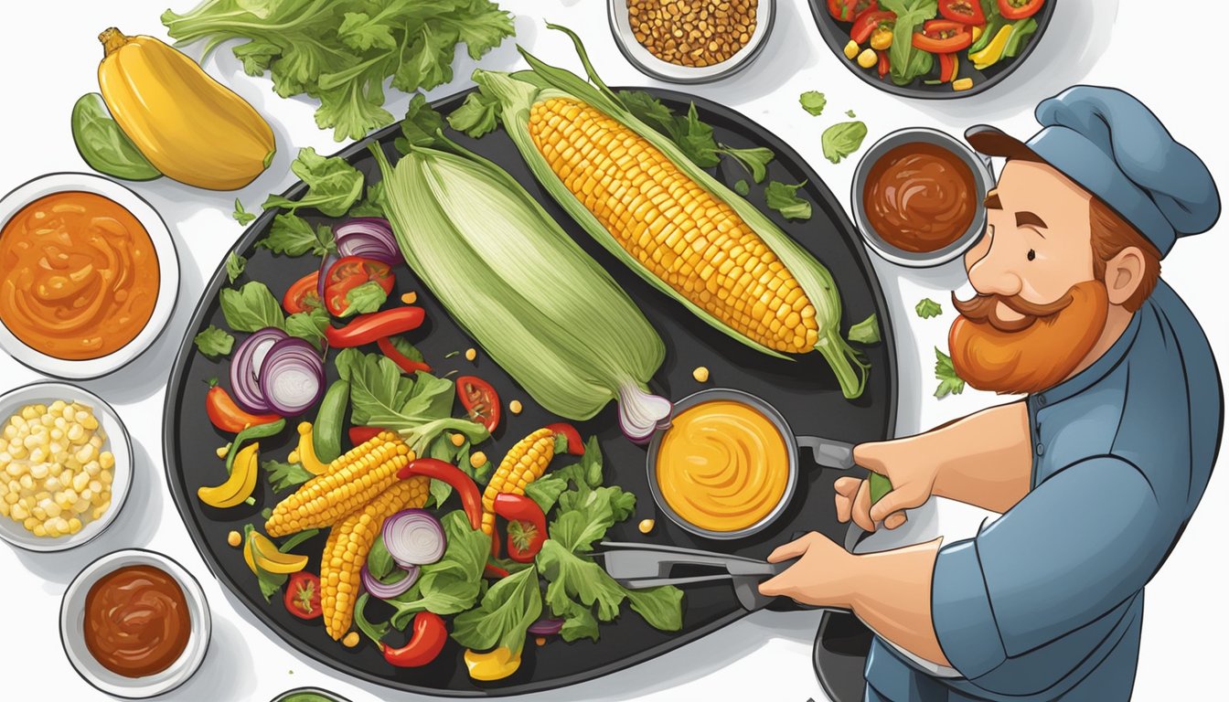 A chef grills corn, peppers, and onions, then assembles them on a platter with mixed greens and barbecue dressing, ready for serving