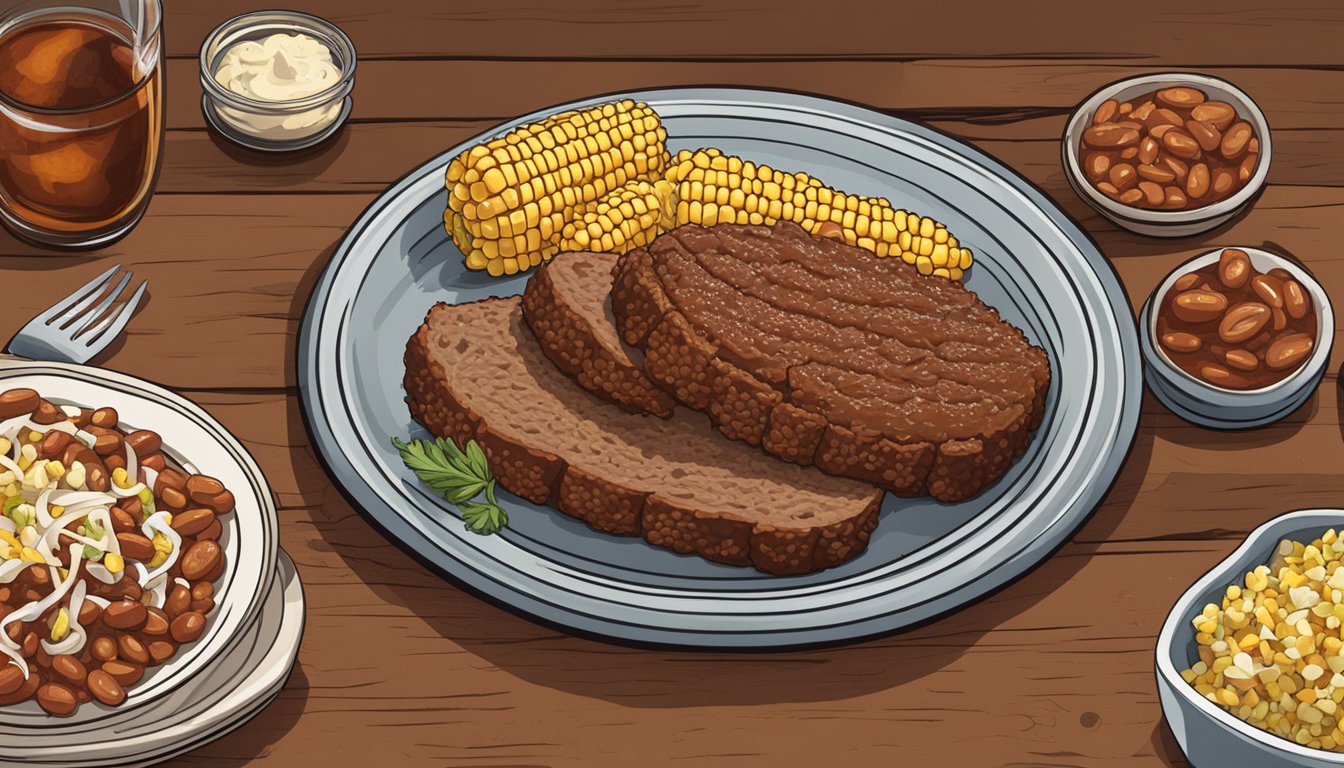 A rustic wooden table with a platter of sliced Texas-style BBQ meatloaf, surrounded by corn on the cob, baked beans, and coleslaw