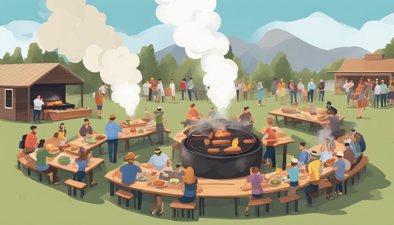 A rustic Texas BBQ pit with smoke billowing, surrounded by picnic tables and a group of people enjoying the traditional BBQ feast