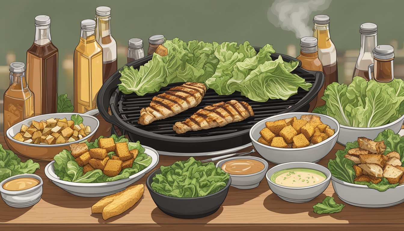 A grill with sizzling romaine lettuce, croutons, and chicken, surrounded by bottles of dressing and BBQ sauce