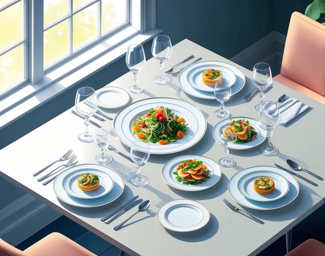 A table set with beautifully plated dishes, surrounded by elegant cutlery and glassware, with soft natural lighting streaming in from a nearby window