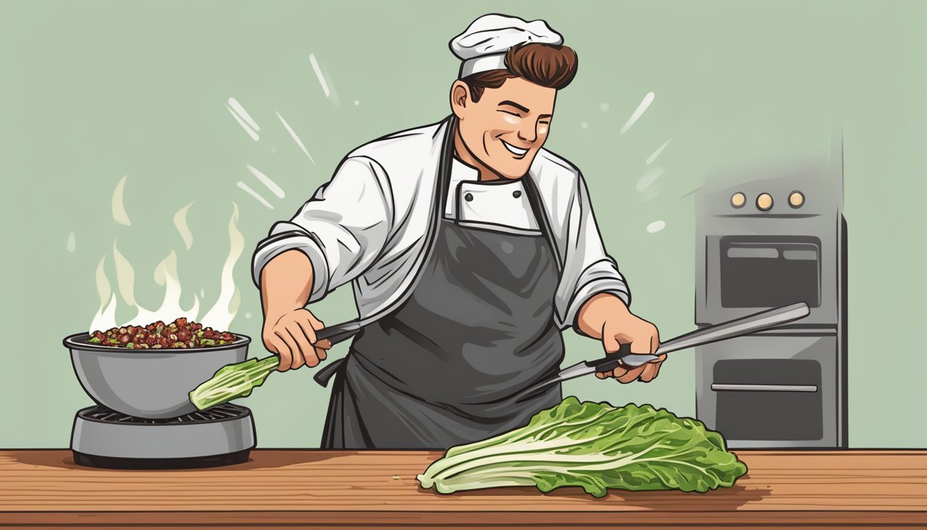 A chef grills romaine lettuce over an open flame, drizzling it with Texas BBQ sauce and sprinkling it with crumbled bacon and shredded Parmesan