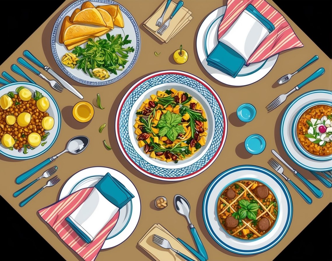 A table set with a carefully arranged dish, surrounded by various props like utensils, napkins, and decorative elements for a restaurant food photography shoot