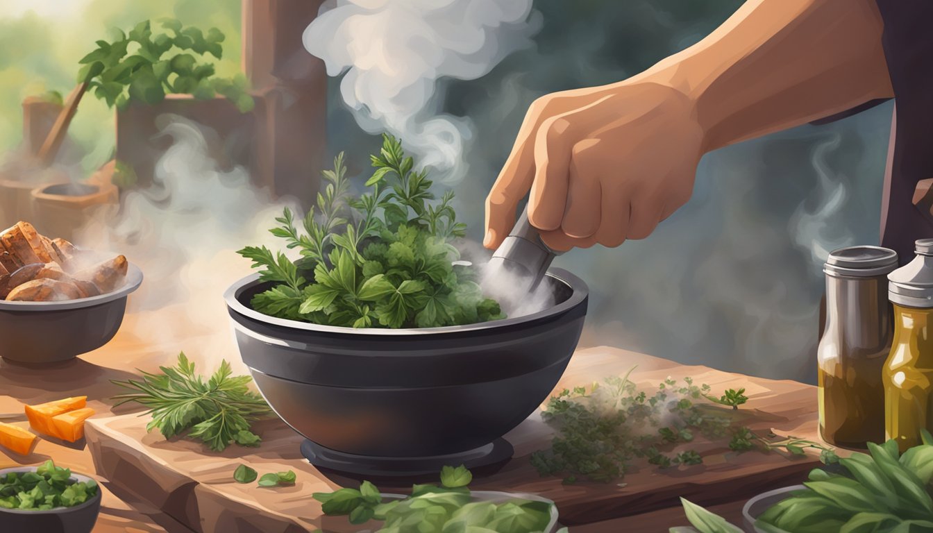 A hand reaches into a bowl of fresh herbs, crushing them with a mortar and pestle. Smoke billows from a grill as the herb smoke bomb is placed next to sizzling Texas-style BBQ