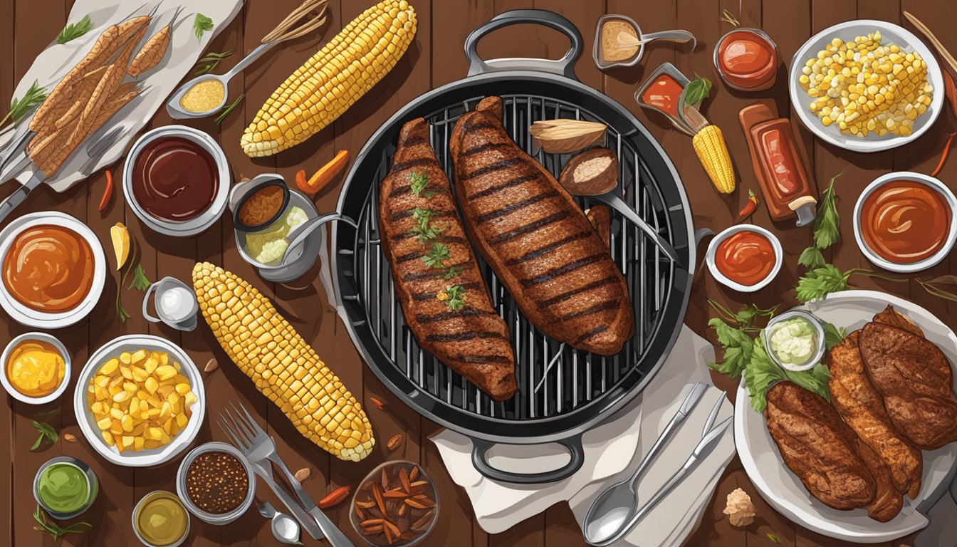 A sizzling grill with various meats, corn on the cob, and BBQ sauce, surrounded by a table filled with utensils, spices, and condiments