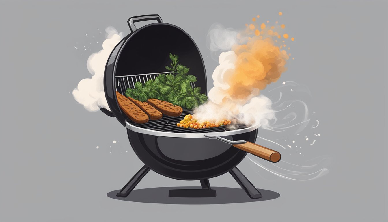 A hand sprinkles a mixture of herbs and spices onto a smoldering grill, creating a flavorful smoke cloud for Texas-style BBQ mastery