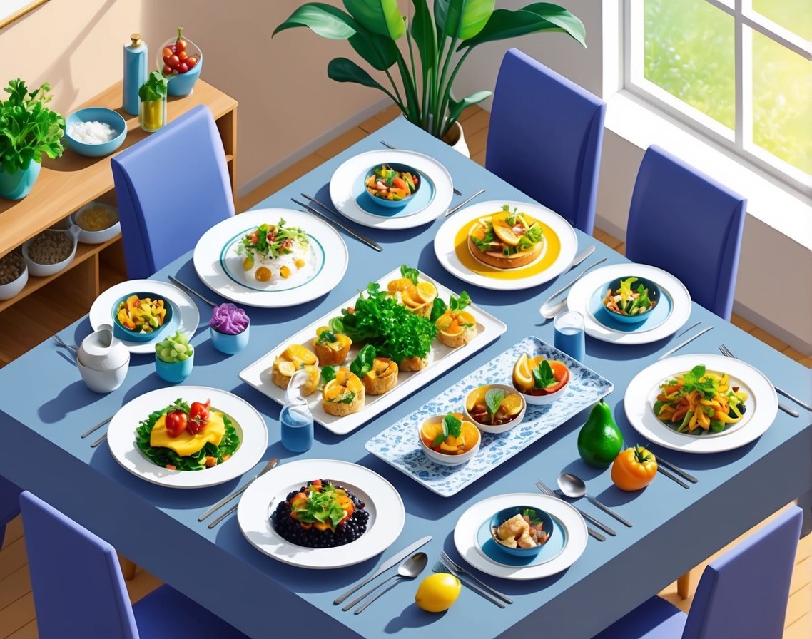 A table set with an assortment of beautifully plated dishes, surrounded by fresh ingredients and stylish tableware, with soft natural lighting streaming in from a nearby window