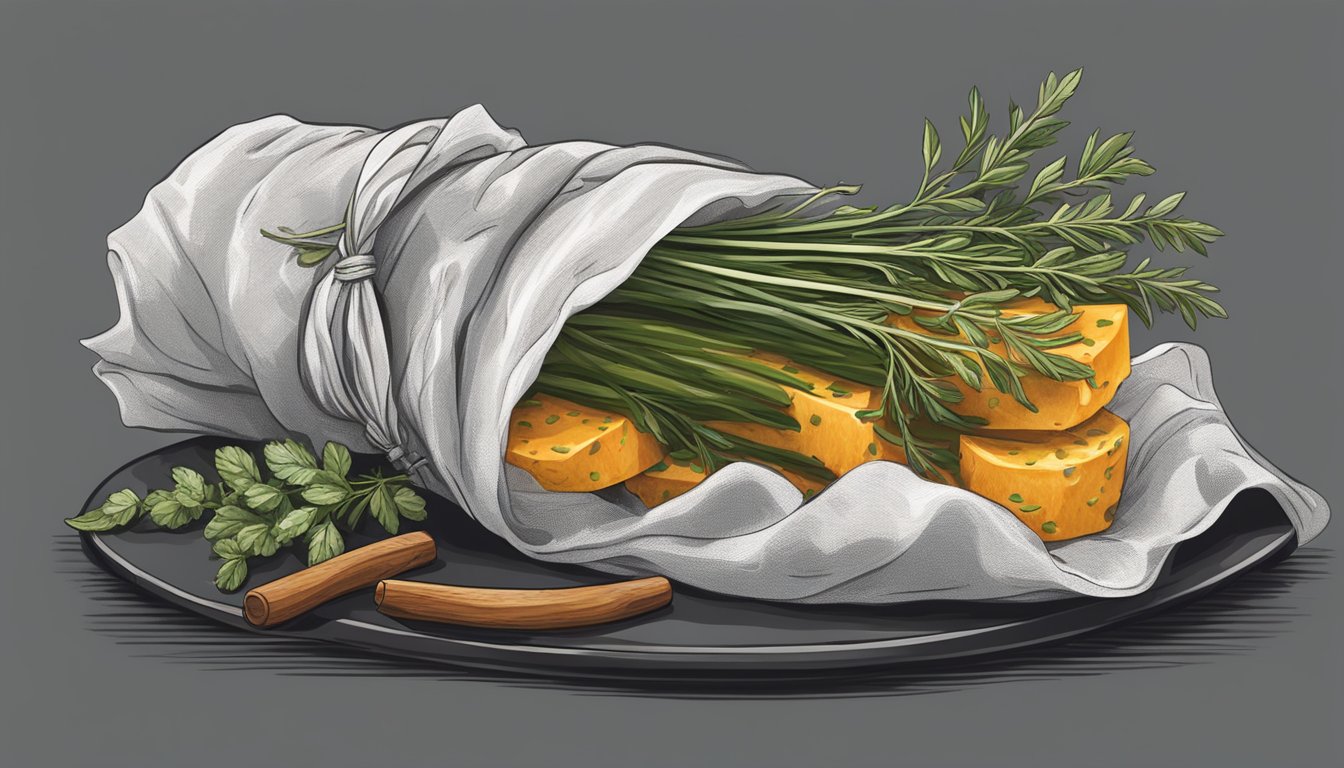 A hand holding a bundle of fresh herbs and spices, wrapped in cheesecloth, placed on a hot grill, releasing aromatic smoke