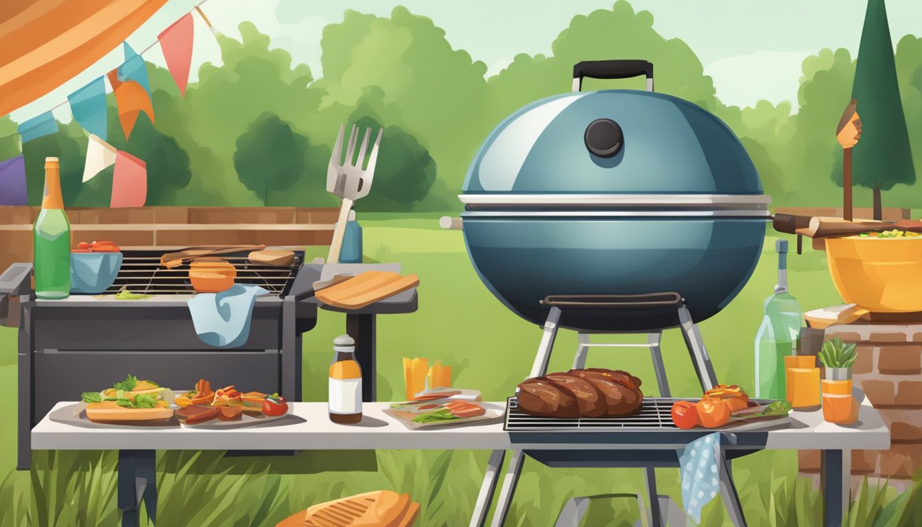 A backyard BBQ scene with a grill, utensils, and safety equipment set up for a Texas-style party