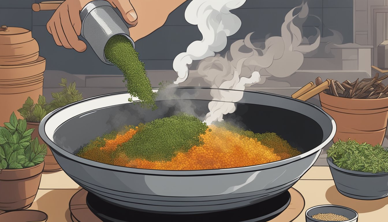 A hand mixing herbs and spices in a bowl, smoke billowing from a BBQ pit in the background