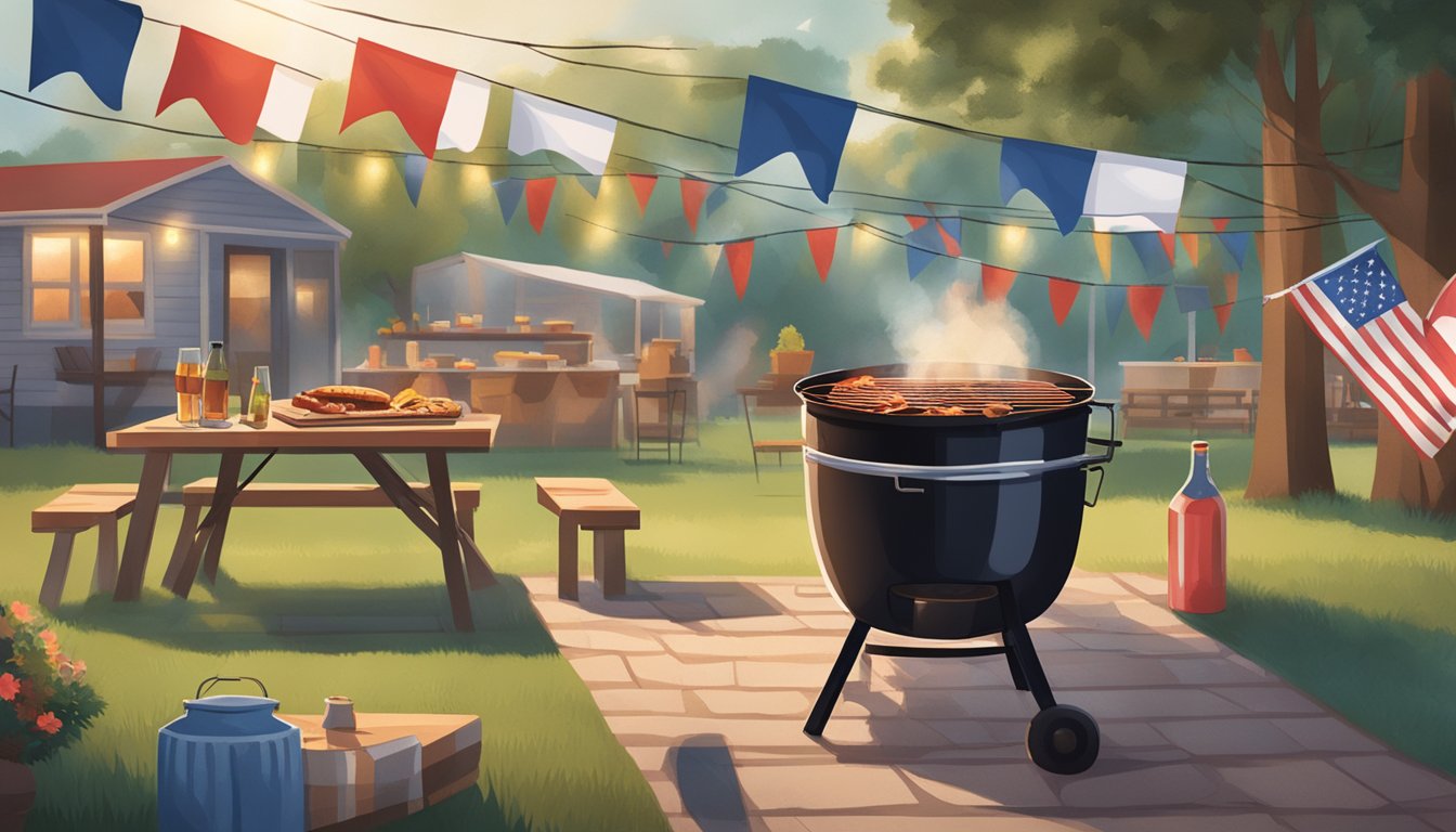 A backyard BBQ scene with a smoking grill, picnic tables, string lights, and a Texas flag flying in the background