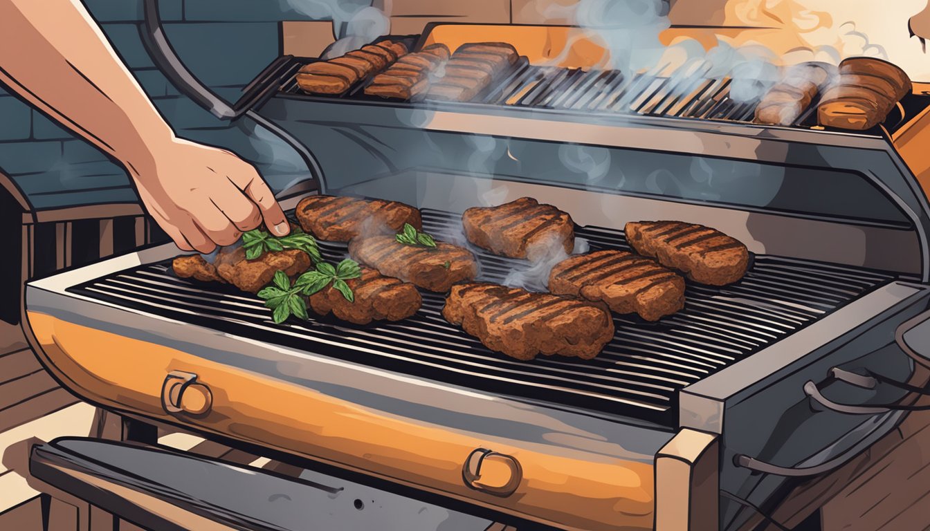 A hand placing a smoldering herb smoke bomb onto a sizzling Texas BBQ grill