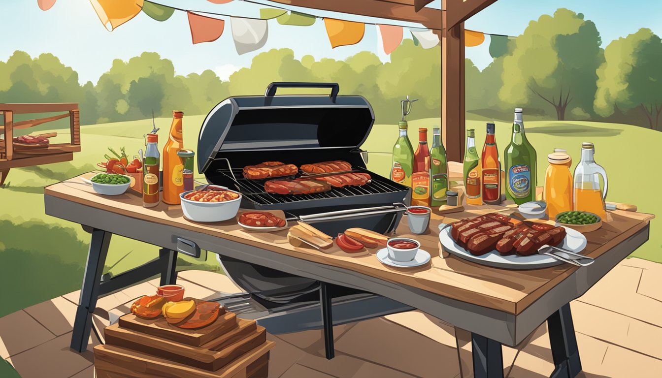 A table filled with BBQ essentials: grilling utensils, sauces, meats, veggies, and drinks. The backdrop is a sunny outdoor setting with a Texas-style BBQ pit