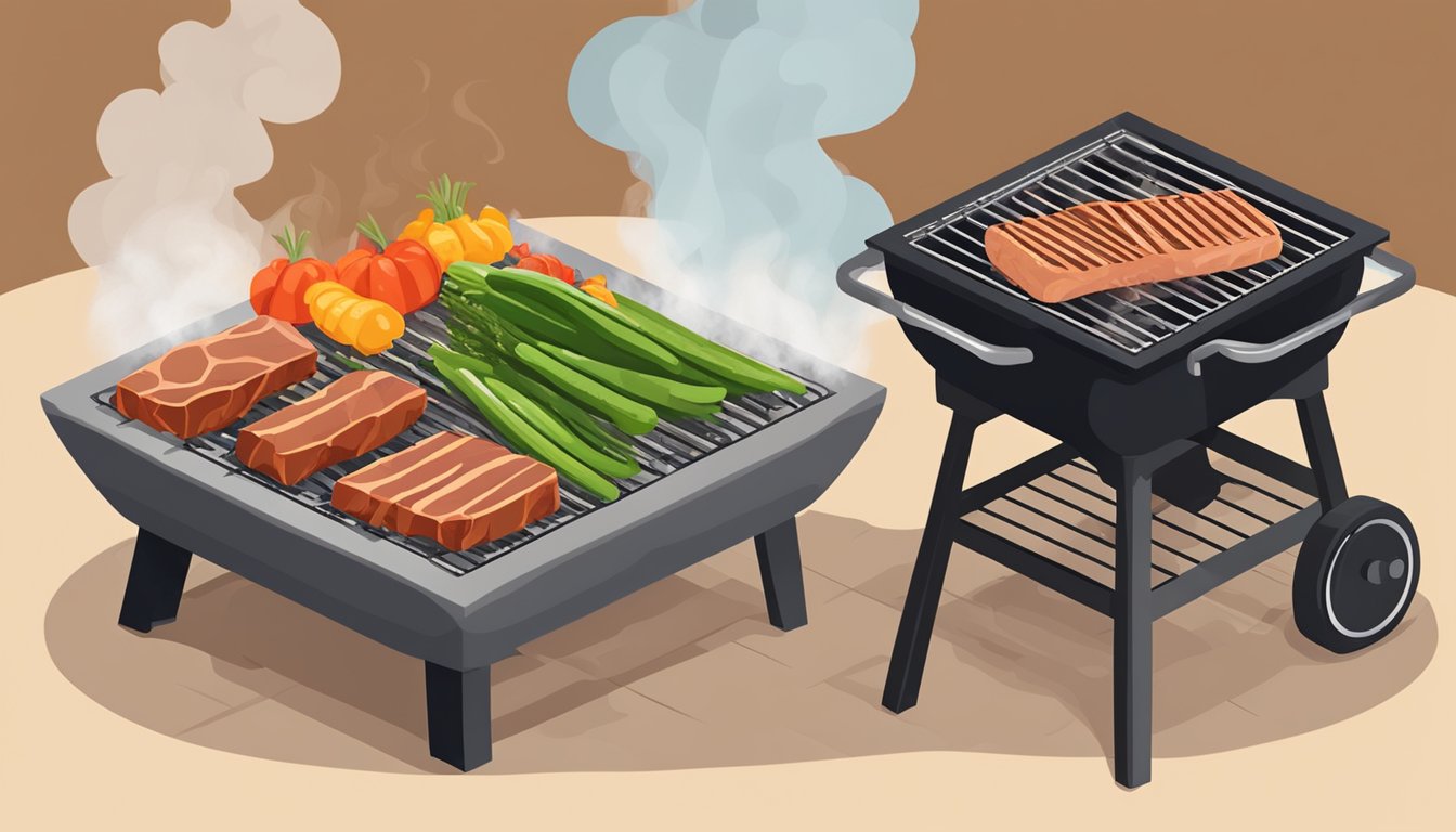 A salt brick placed on a grill with smoke rising, surrounded by sizzling meat and vegetables, ready for Texas BBQ-style grilling