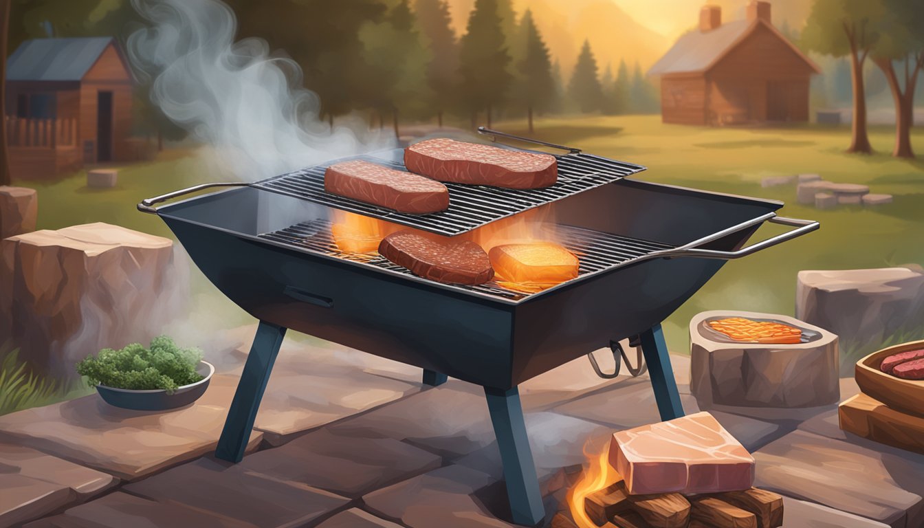 A salt block sizzling on a hot grill, with smoke rising and Texas BBQ meats cooking on top, surrounded by a rustic outdoor setting