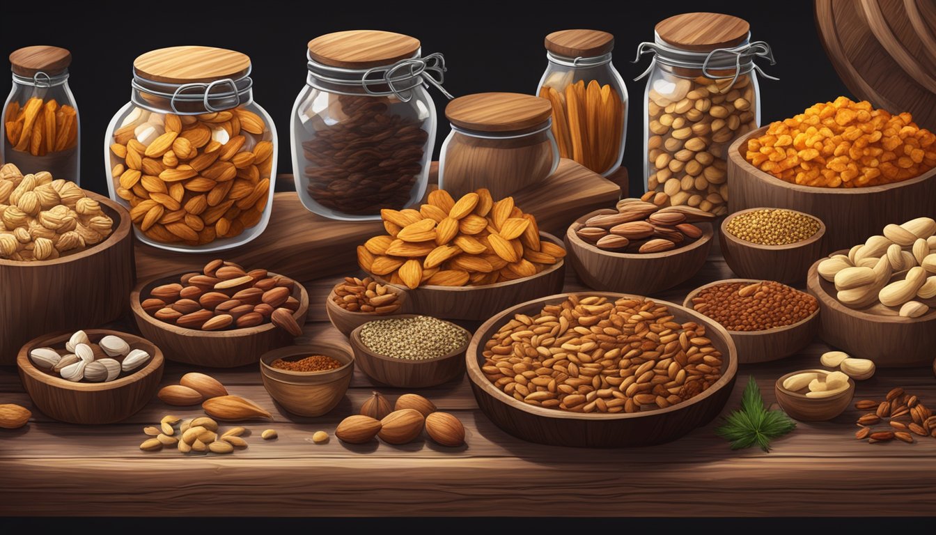 A rustic wooden table displays an array of smoked nuts and snacks, surrounded by jars of spices and seasoning, with a smoky aroma lingering in the air