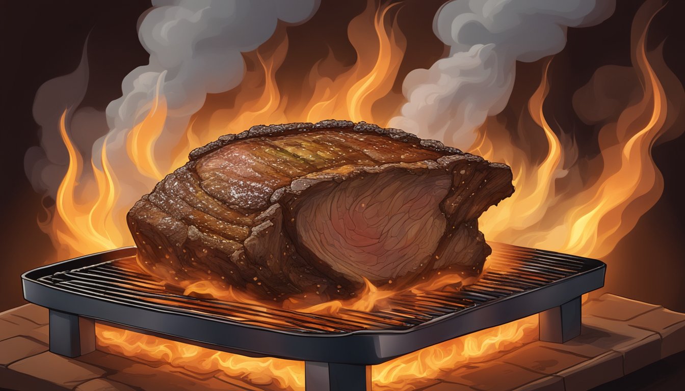 A bone-in prime rib sizzling on a hot grill, surrounded by billowing smoke and the warm glow of a Texas BBQ