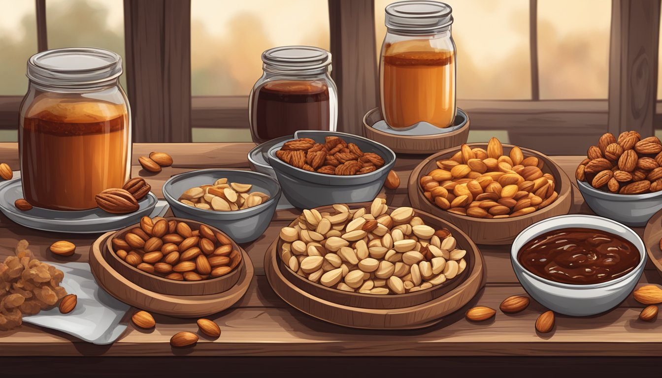 A rustic wooden table with a variety of smoked nuts and snacks arranged on platters, surrounded by jars of barbecue sauce and a smoky aroma in the air