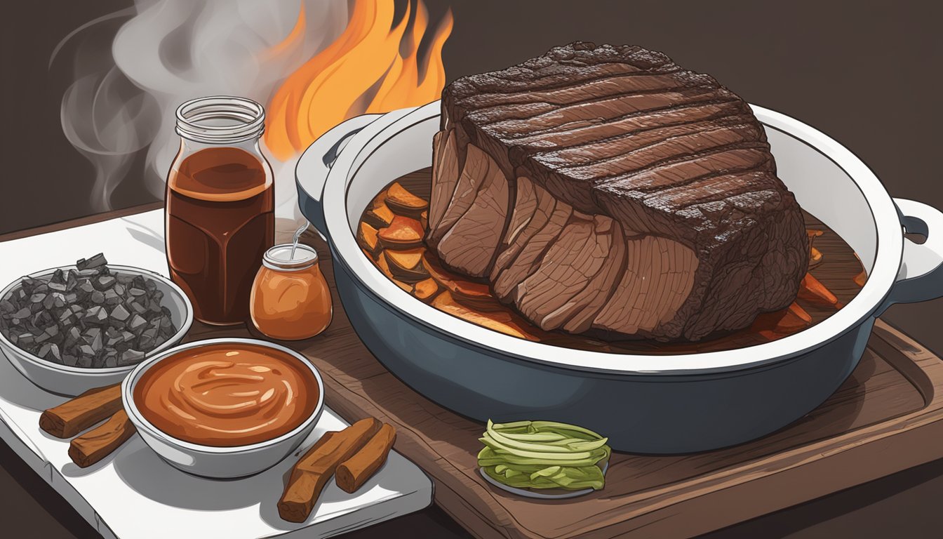 A prime rib steak sits marinating in a bowl of Texas BBQ sauce, next to a grill with charcoal burning and smoke rising