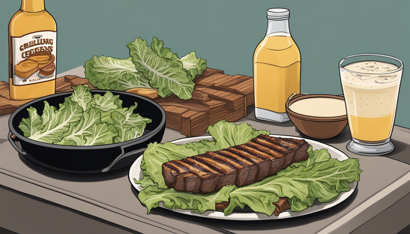 A grill with a sizzling romaine lettuce, croutons, and bacon on a hot grill, with a bowl of caesar dressing and a bottle of Texas BBQ sauce nearby