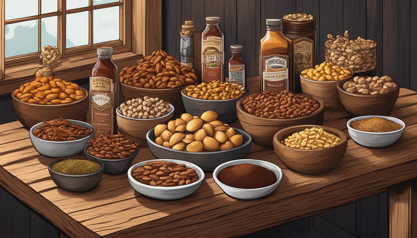 A rustic wooden table displays a variety of smoked nuts and snacks, surrounded by bottles of Texas BBQ sauce and spices