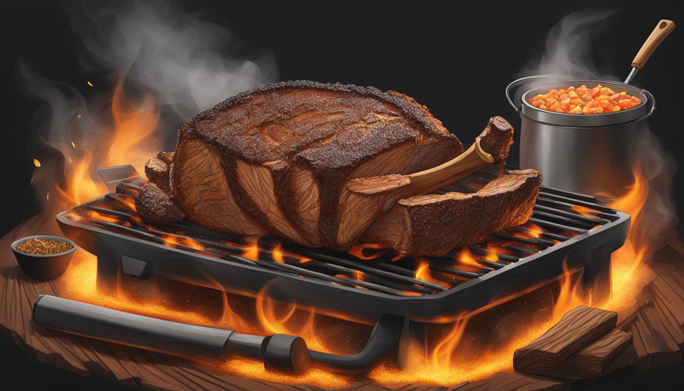 A sizzling bone-in prime rib cooks over a smoky Texas BBQ grill, surrounded by charred wood chips and glowing hot coals