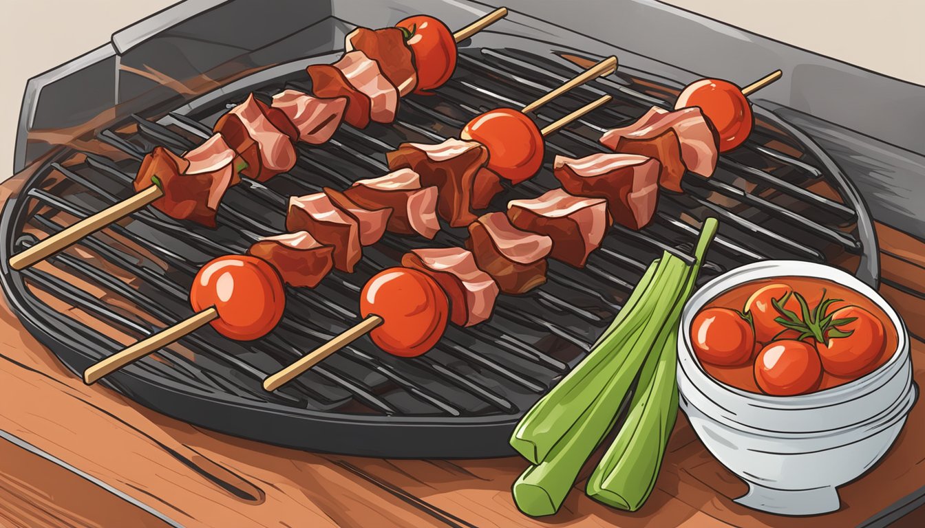 A sizzling grill with skewered tomatoes, celery, and bacon, all coated in a smoky BBQ sauce, ready to be turned into a grilled Bloody Mary skewer