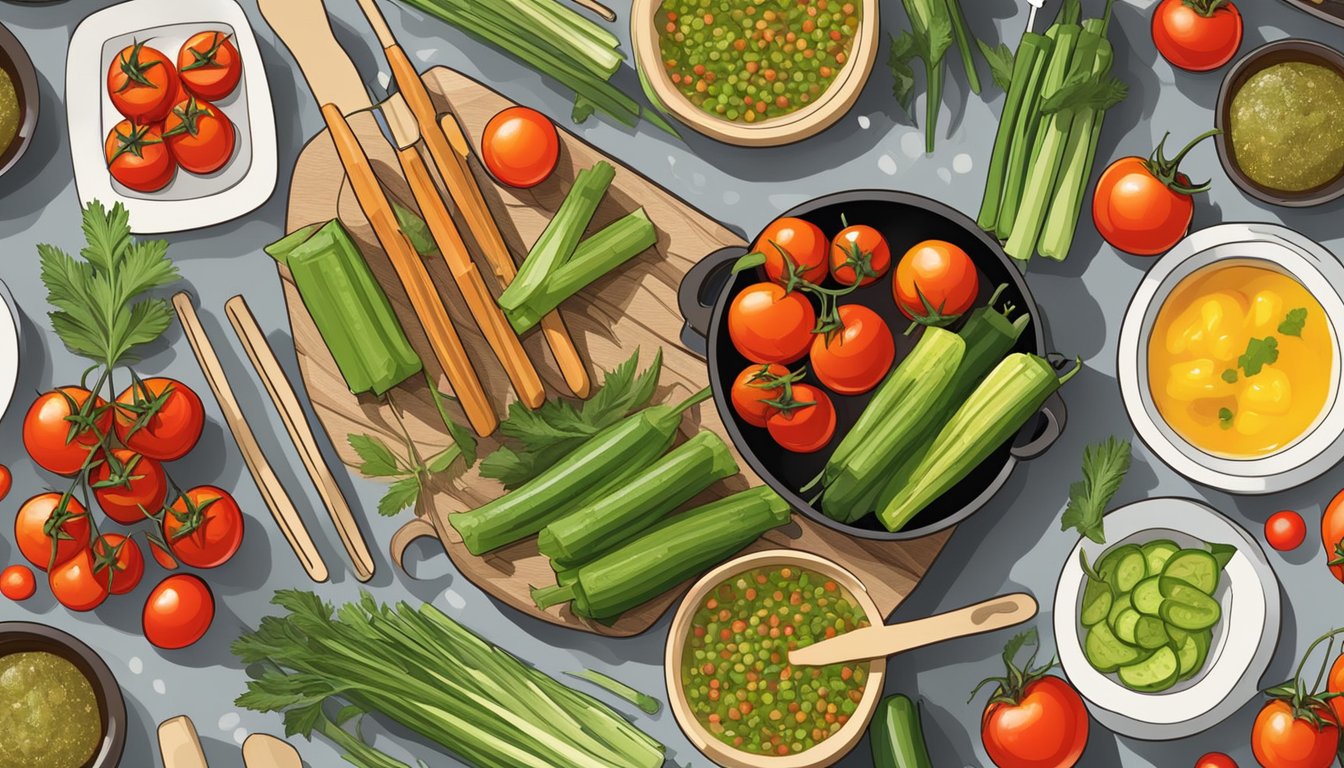 A colorful array of skewered ingredients, including cherry tomatoes, celery, and pickles, sizzling on a smoky grill