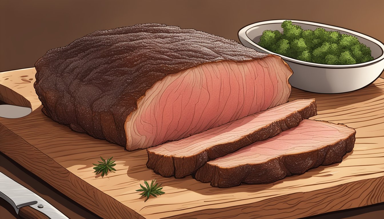 A large beef brisket sits on a wooden cutting board, coated with a thick layer of seasoning, ready to be smoked to perfection