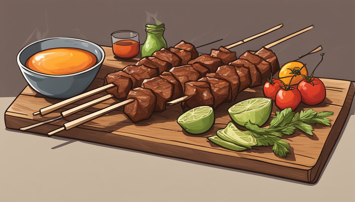 A skewer with grilled Texas BBQ style ingredients, ready to be added to a Bloody Mary