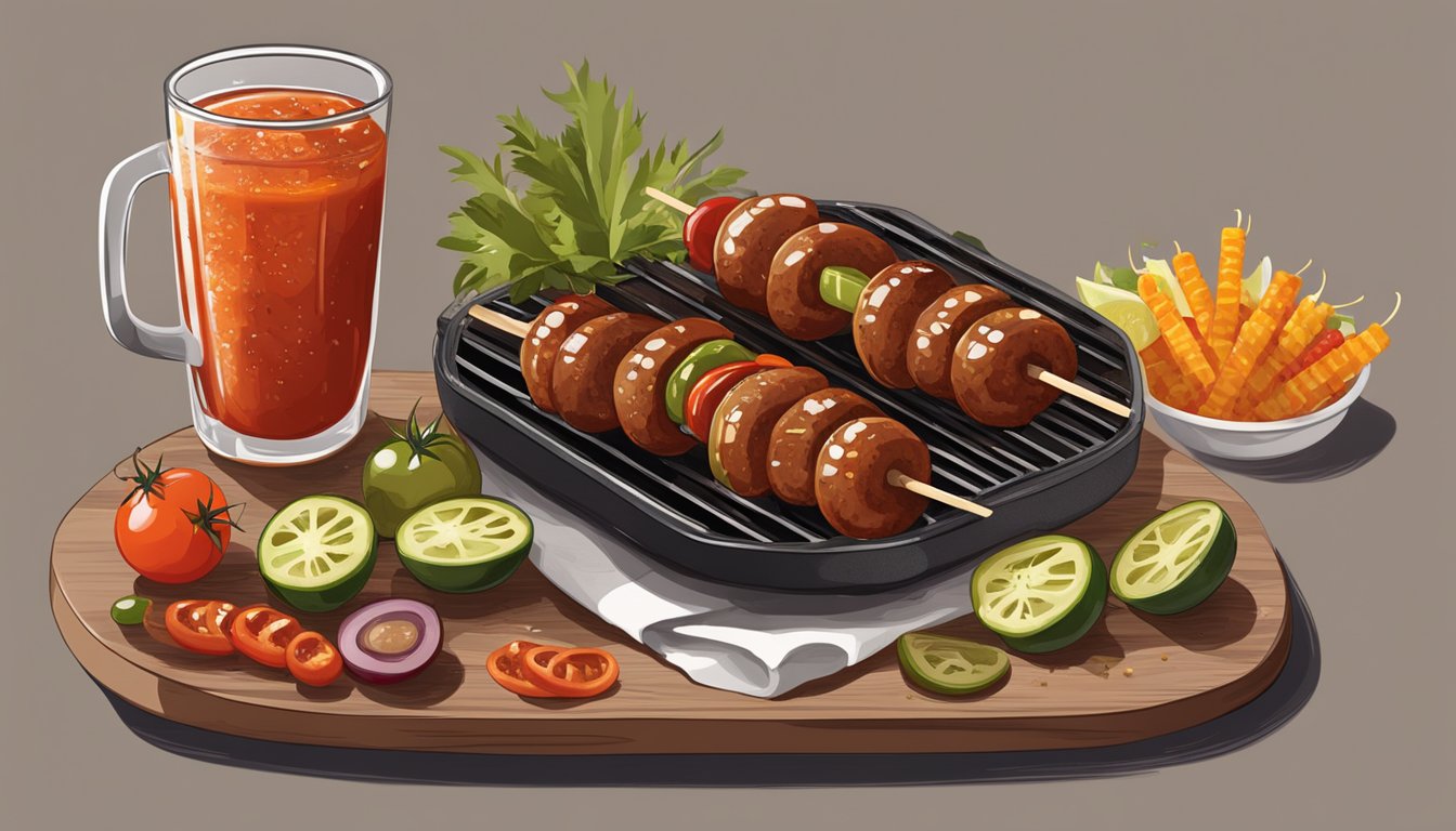 A smoky grill with skewers of spicy sausage, pickles, and cherry tomatoes, all drenched in a tangy BBQ bloody mary sauce