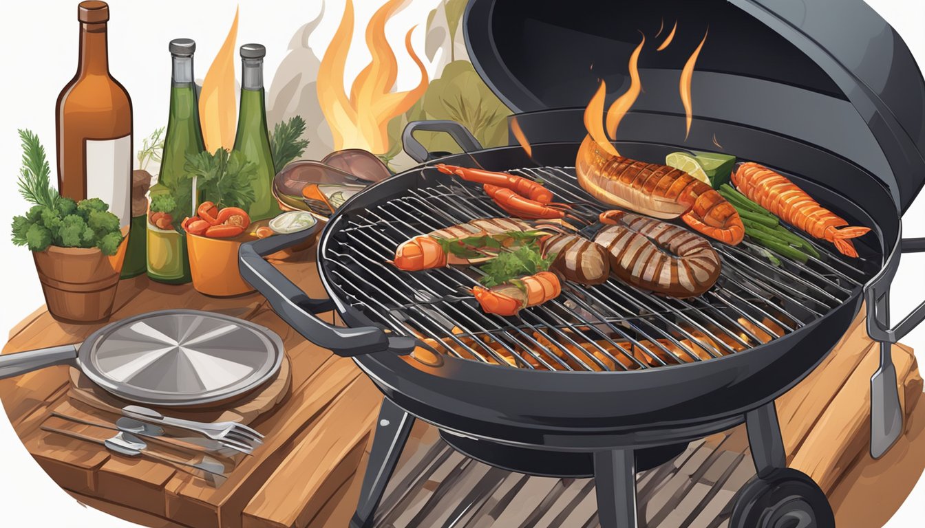 A large grill with a variety of seafood, sausages, and vegetables cooking over open flames. A cowboy hat and a pair of tongs rest on a nearby table