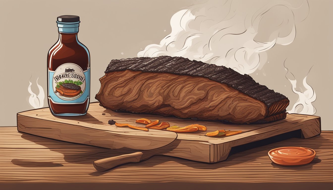 A large smoker billowing smoke, with a juicy brisket covered in a dark, crispy bark, sitting on a wooden cutting board next to a bottle of BBQ sauce