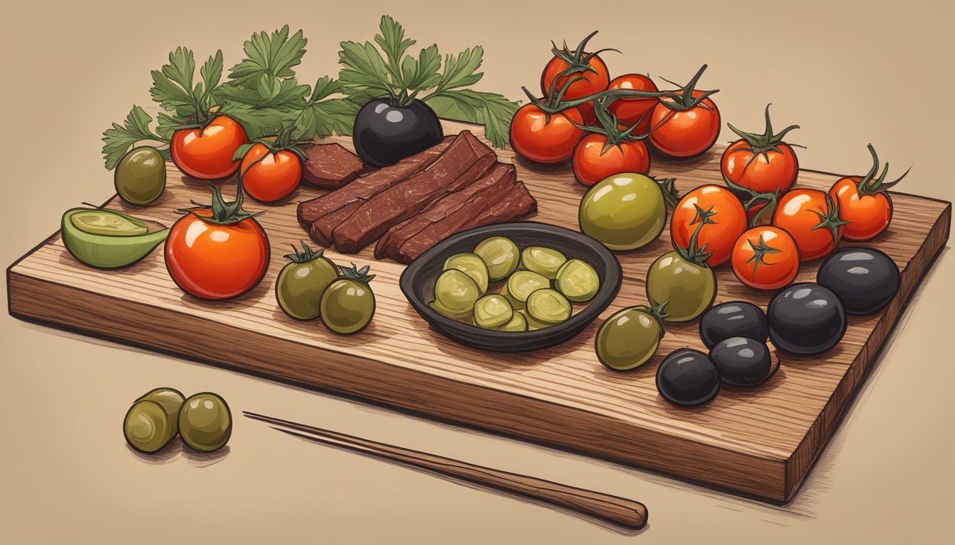 Ingredients arranged on a wooden cutting board: cherry tomatoes, pickles, olives, and cubes of smoked brisket, ready to be skewered for grilling