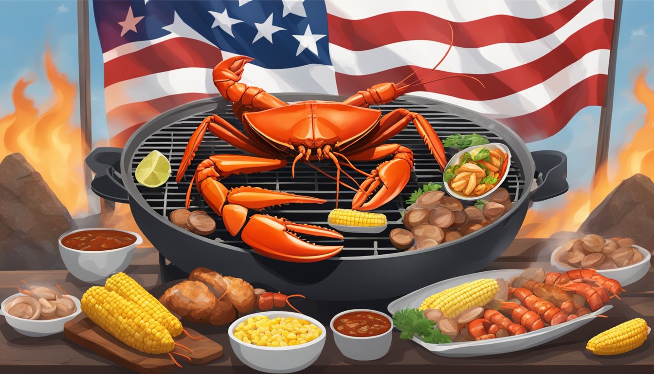 A large grill filled with sizzling lobsters, clams, corn, and sausages, surrounded by a smoky barbecue pit with a Texas flag flying in the background