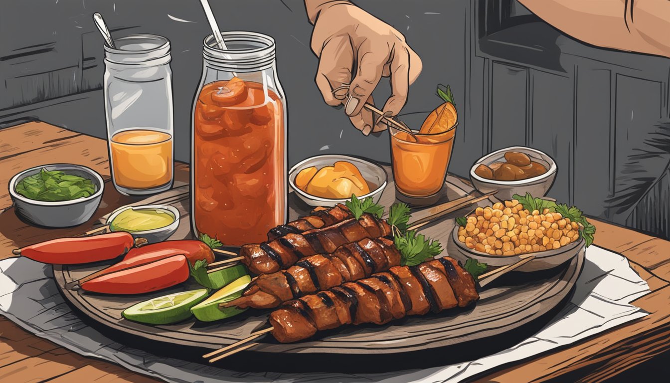 A hand placing a skewer of grilled bloody mary ingredients on a rustic Texas BBQ-style serving platter