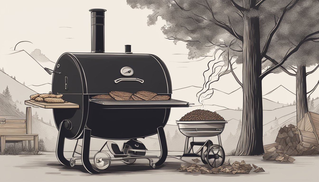 A large smoker with a perfectly smoked brisket, showcasing a dark and crispy bark, surrounded by wood chips and a Texas BBQ style ambiance