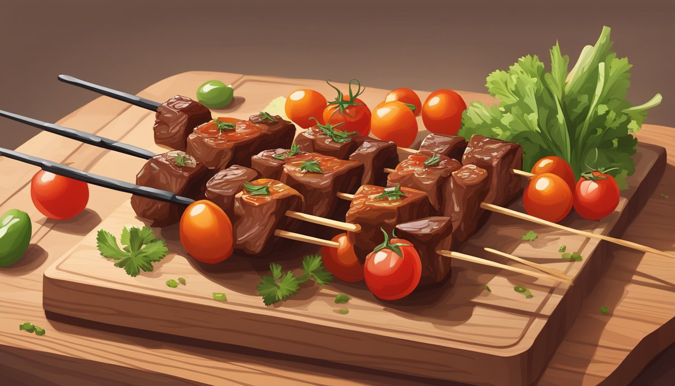 A skewer with cherry tomatoes, celery, and a slice of grilled meat, all coated in a spicy BBQ sauce, sits on a wooden cutting board